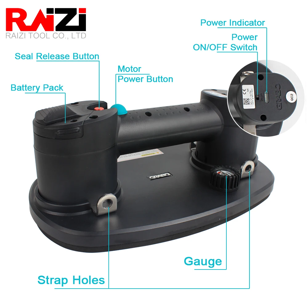 Imagem -02 - Raizi Gro Elétrica Ventosa a Vácuo Litro para Vidro de Granito Ferramenta de Levantamento Tile Grande Formato 170 kg Capacidade Nemo Grbao