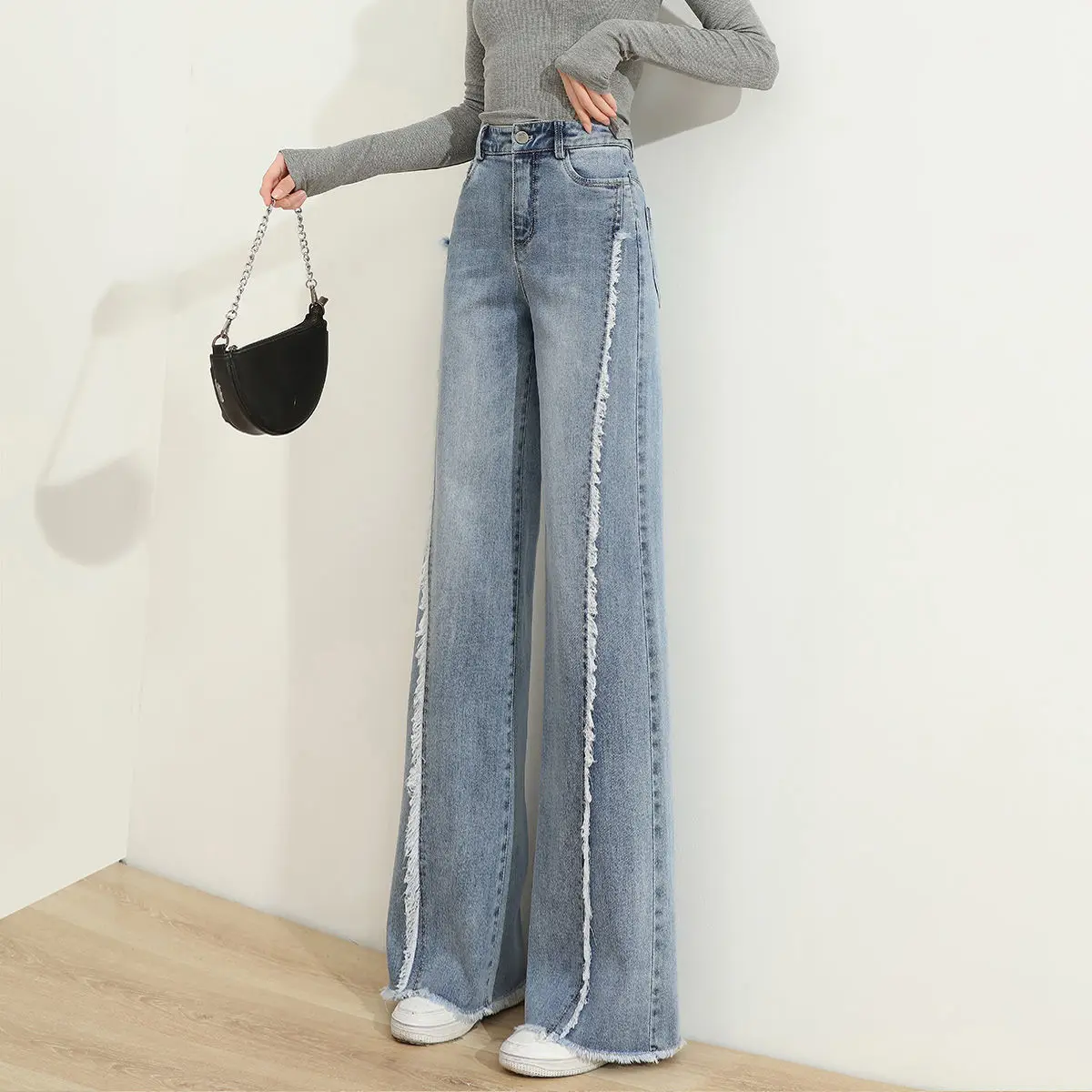 

Burr Straight Jeans for Women 2024 Spring and Autumn New High Waist Loose High Quality Wide Leg Denim Mop Pants