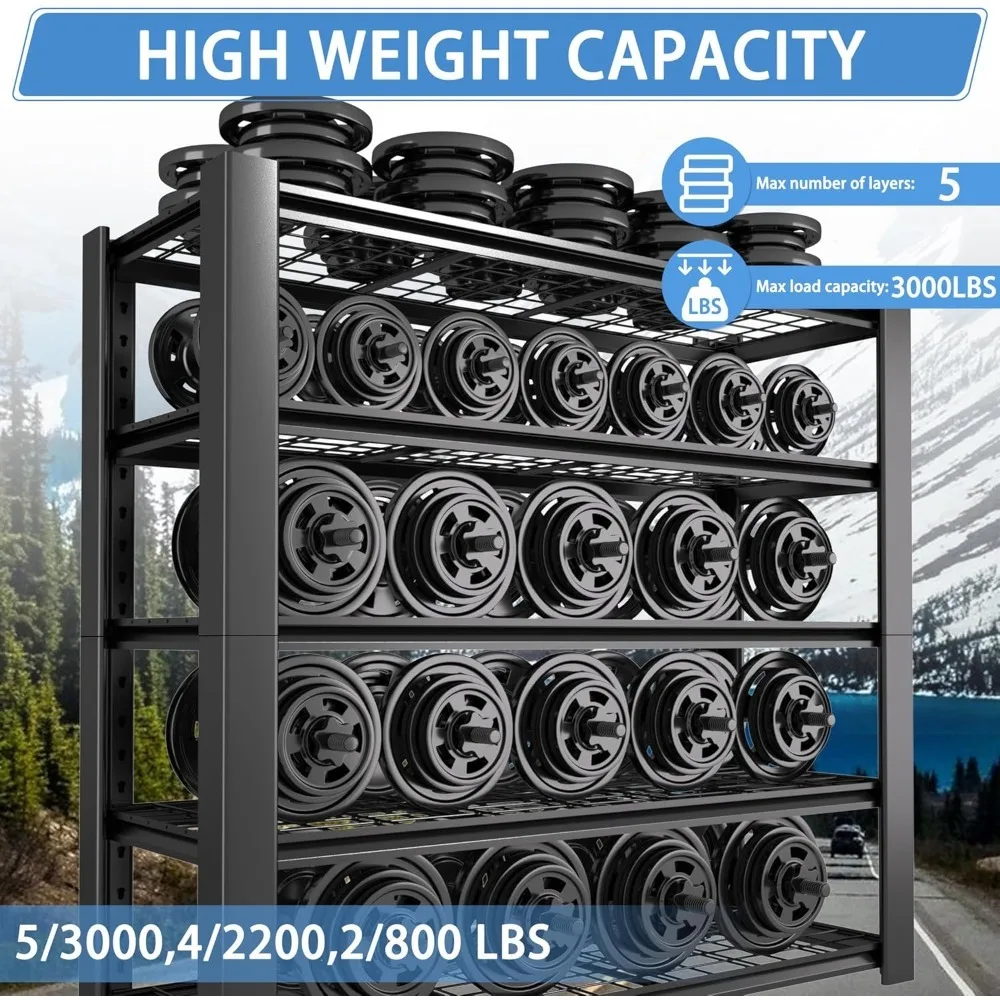 5-Tier Heavy Duty Garage Shelving Unit with Wire Shelves,3000 LBS Capacity Metal Storage Rack,Adjustable Boltless Steel Shelves
