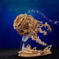 OUZEY DIY Aurora Jellyfish Model - 3D Wooden Puzzle with Music & LED Light, Creative Night Lamp Gift for Adults & Teens 14+