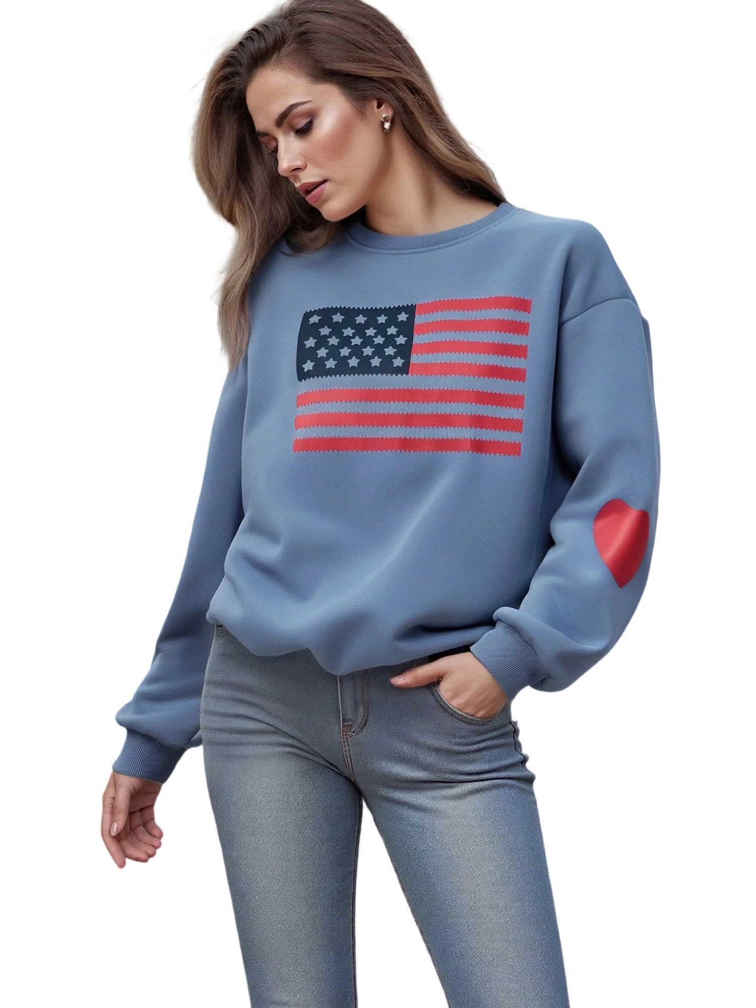 Women s American Flag Print Long Sleeve Round Neck Sweatshirt Pullover Top with Oversized Fit for 4th of July Celebrations