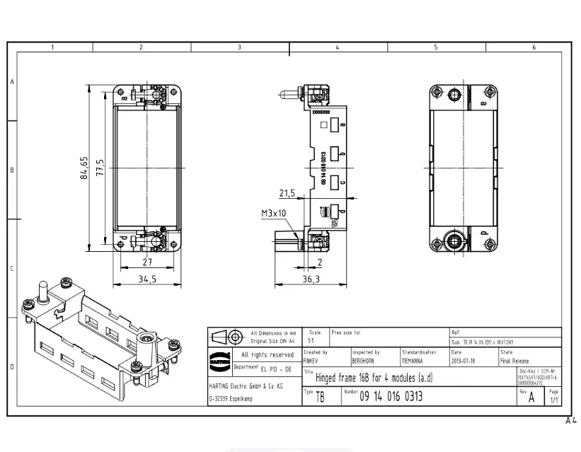 1pcs 09140160313 Germany HARTING H16B frame 4-hole movable frame