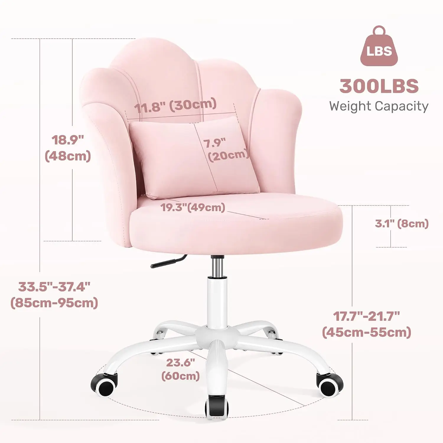 Pink Vanity Chair with Wheels, Petal Velvet Armless Desk Chair