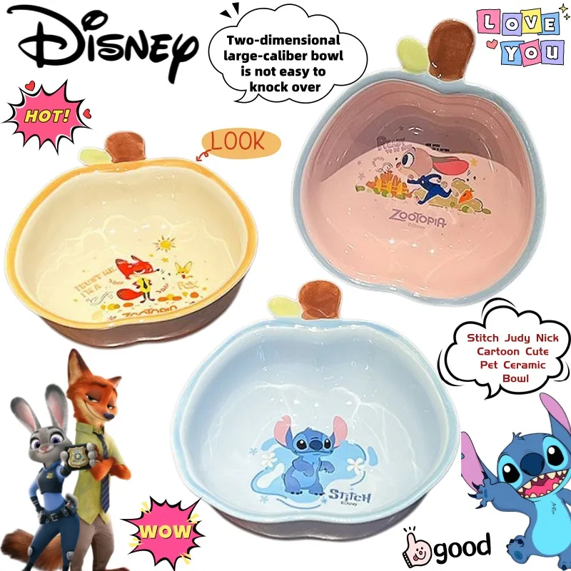

New Disney Stitch Judy Nick Cartoon Cute Pet Ceramic Bowl Creative Animation Peripheral Secondary Element Not Easy to Kick Bowl