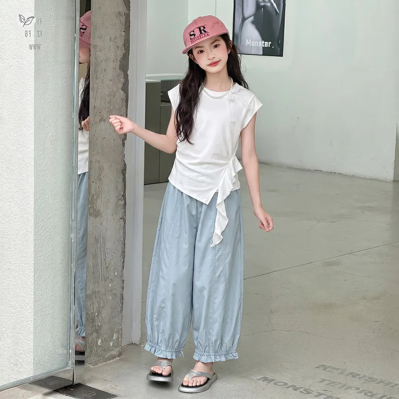 Girls Ribbon T Shirt Blossom Pants Set 2026 Summer New Big Kids Designer Top Lightweight Mosquito Pants