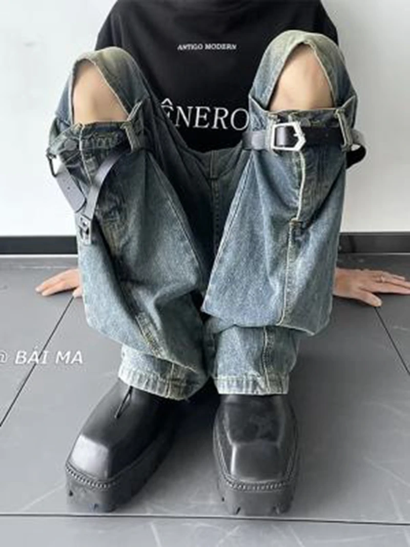 

Men's Jeans Vintage Knee Destroyed Ripped Jeans streetwear Slim fit Pants beggar Hole Hip Hop denim trousers Men y2k jeans