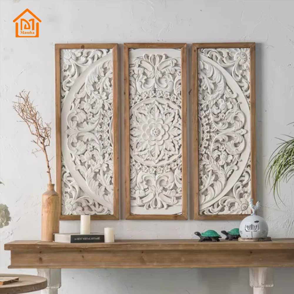 Mamba Handmade Home Decor Antique White Wooden Wall Panel Items Mixed Carved Wedding Art