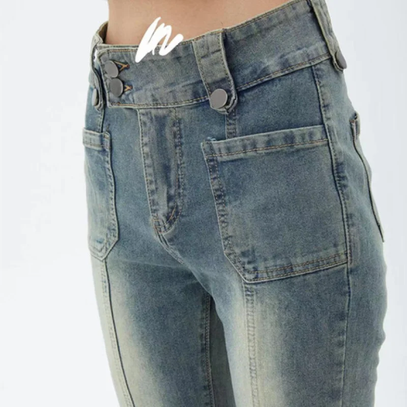 Imagem -04 - Jeans Retrô de Cintura Alta Feminino Calças Lare Moda High-end Patchwork Gradiente Grandes Dimensões Gordo Elástico Emagrecedor Esfregão