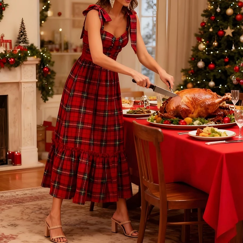 Combhasaki femmes noël Vintage Plaid imprimé sans manches cravate bretelles froncé smocké a-ligne à volants ourlet fluide longue robe