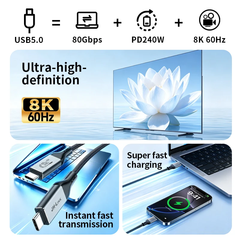 JINGHUA USB‑C to USB‑C Cable, USB5.0, True Spec PD 240W Fast Charging, 8K Video Display, 80Gbps Data Transfer