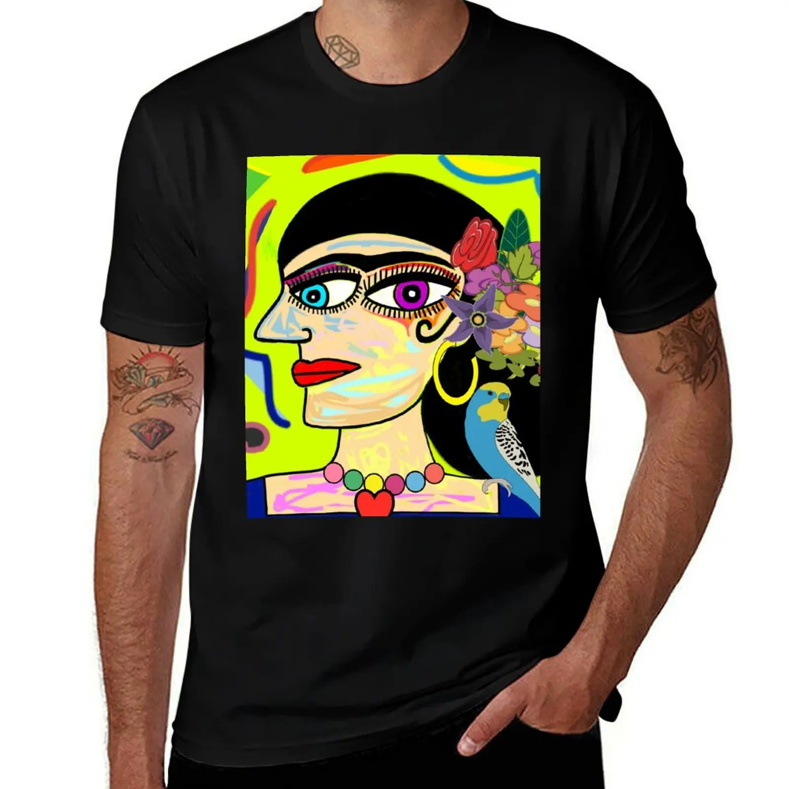 Latin Lady with Budgie and Flowers T-Shirt Large Size Short Sleeve T-Shirt