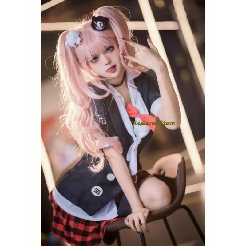 Anime Dangaronpa Cosplay Costume Enoshima Junko Uniforms Cafe Work Suit Short Skirt Ponytail Wig Halloween Costume