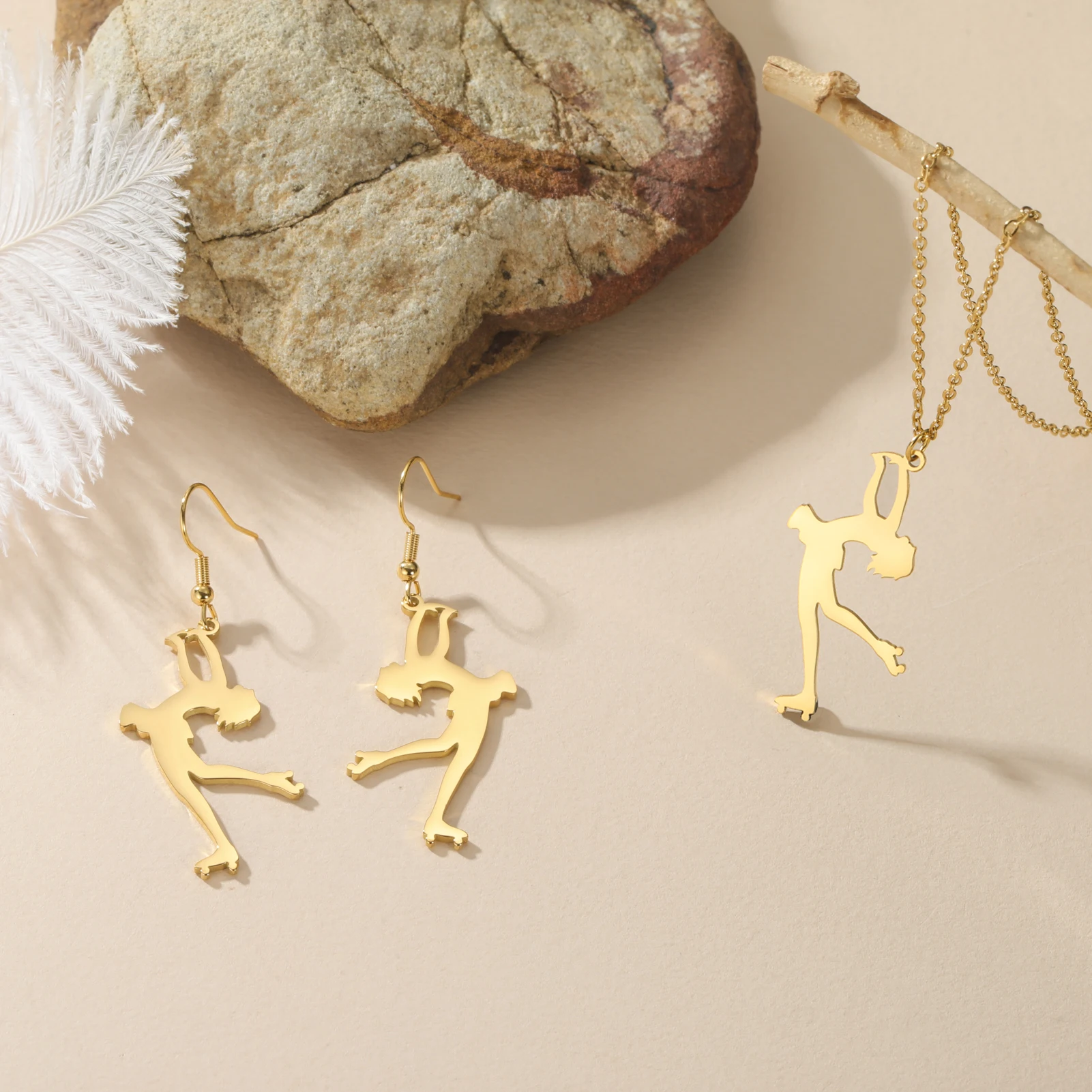 Roller Skater Necklace Earrings Stainless Steel Ice Dancer Figure Pendant Fashion Sport Women Jewelry Friendship Team Gift