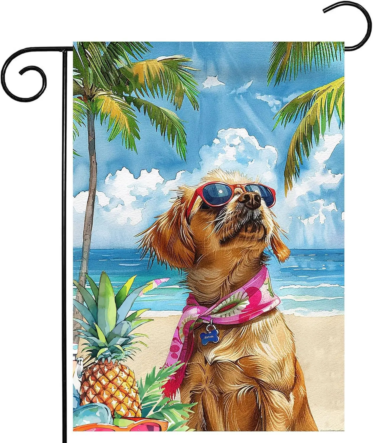 Morigins Happy Summer Coastal Garden Flag Dog Double Sided Tropical Fruit Ocean Seasonal Outdoor Decoration 12.5×18 inch