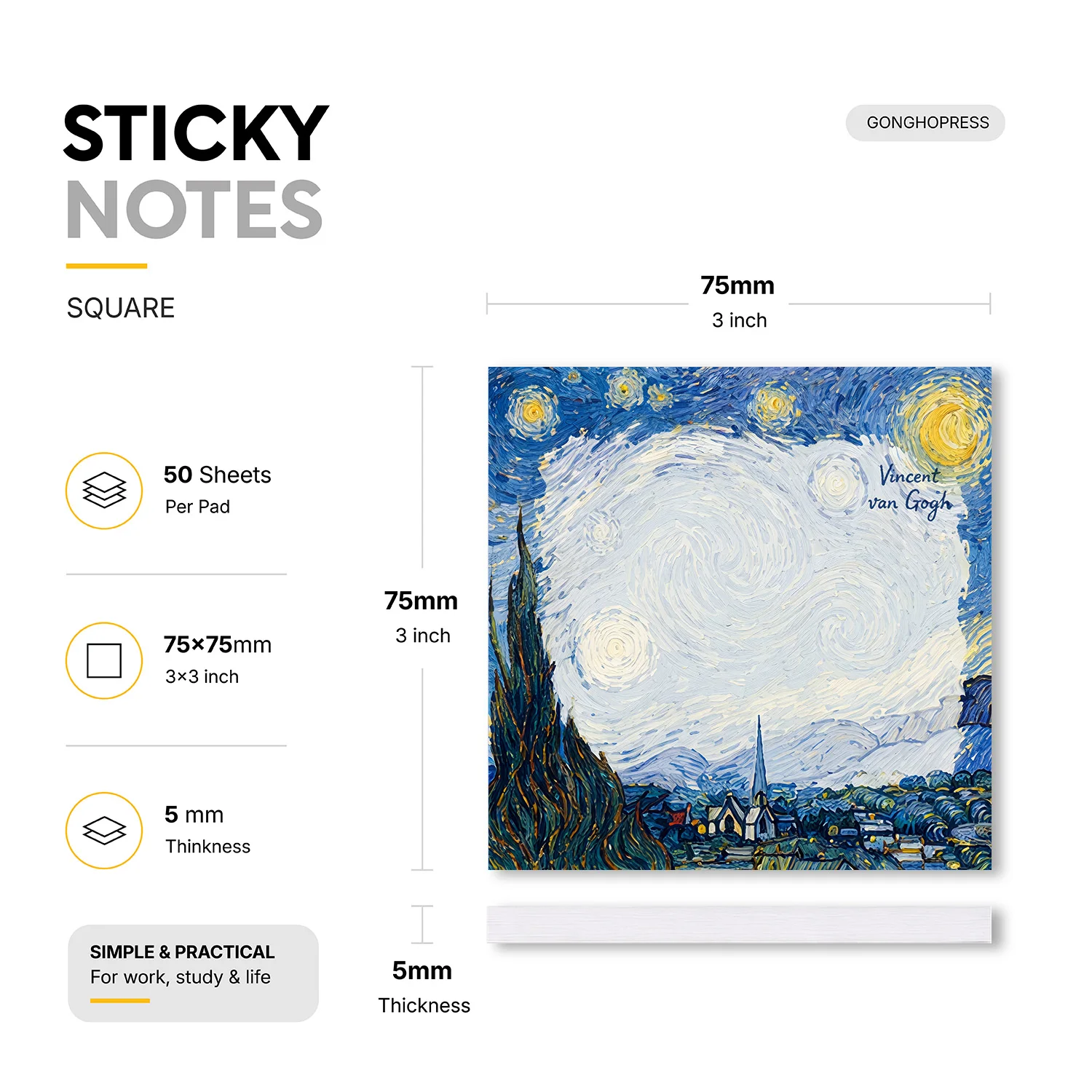 2 Pcs 100 Sheets Total Van Gogh Inspired Starry Sky Sticky Notes, Vintage Oil Painting Landscape Memo Pads
