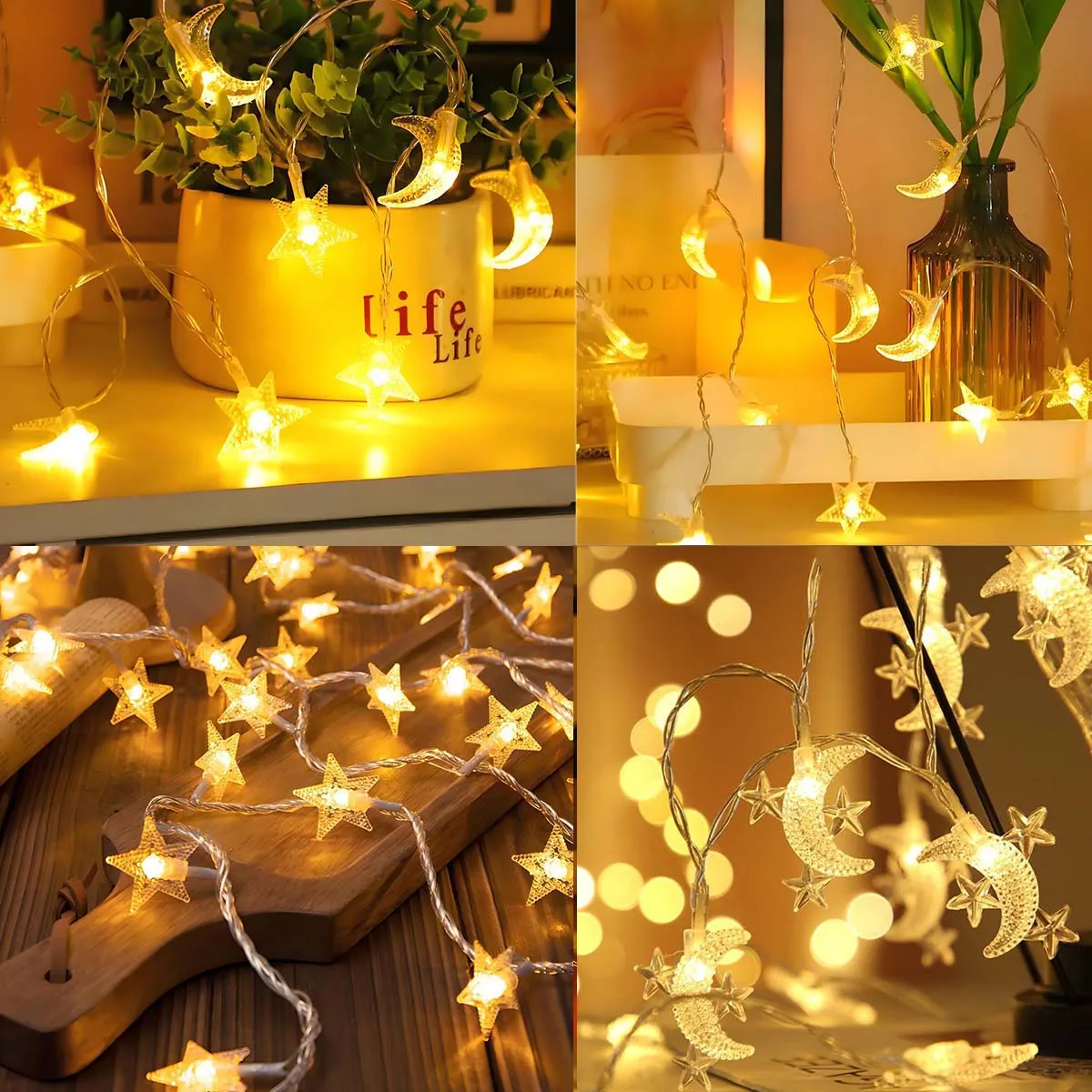 Led String Lights, Various Types of Moon and Star Decorative Lights (USB and Battery Box Powered) Suitable for Holiday Decorations, Birthday and Wedding Atmosphere Decoration, Christmas, and Ramadan Decorations