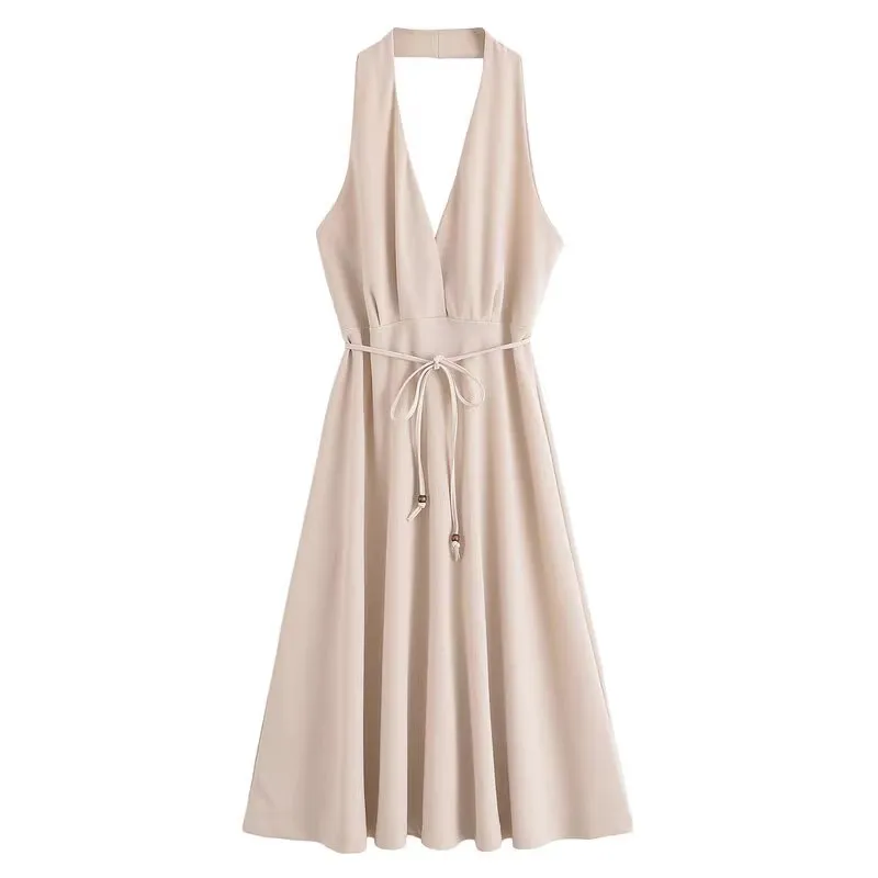

Elegant Backless Strapless Neckline Midi Dress High Waist A-Line Silhouette Polyester Fiber Citywalk Commute Style Cake Skirt