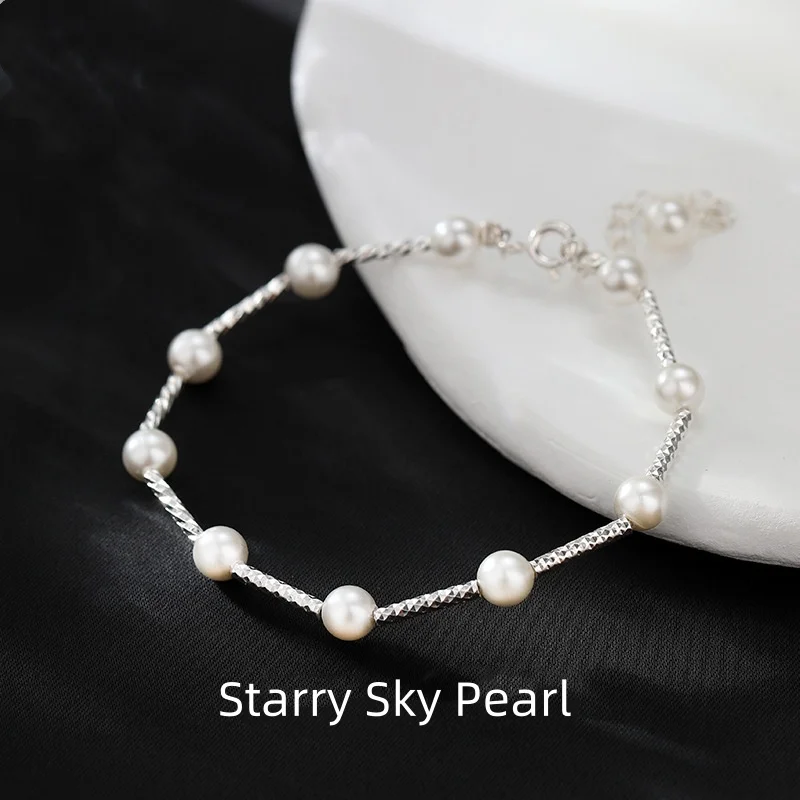 

925 Sterling silver starry pearl bracelet for women elegant French style fashion jewelry gift for girlfriends