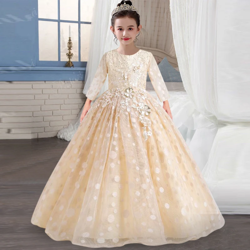 Flower Girl Wedding Party Embroidery Dresses Autumn and Winter New Long Sleeve Wave Point Flower Decoration British Dresses