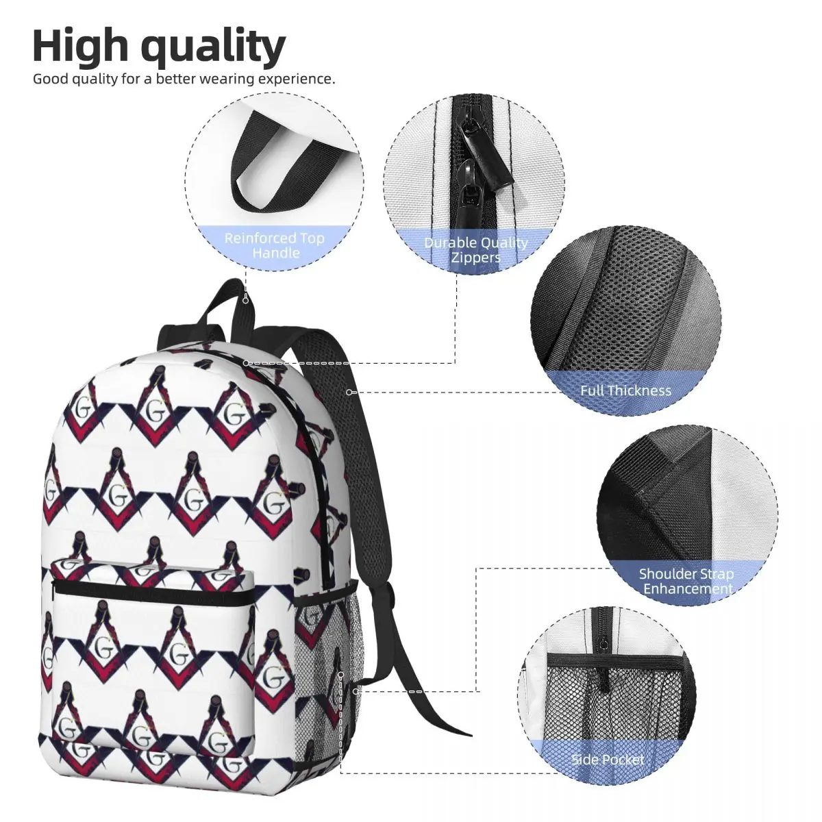 Freemason Compass Masonic Backpack Daypack Large Capacity Kids BookBag School Bag Shoulder Bags for Men Women