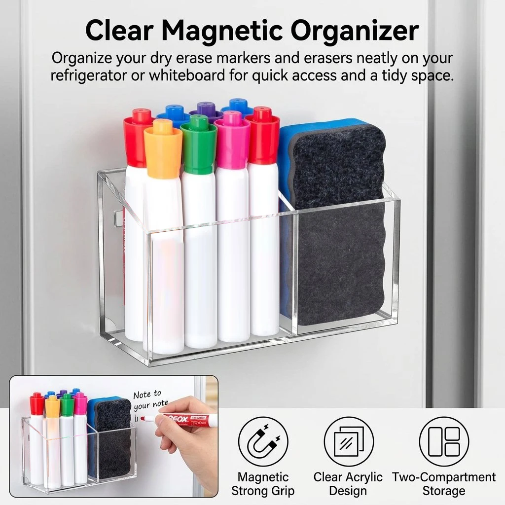 Clear Pen Holder Magnetic Marker Organizer for Fridge Kitchen Office Storage Acrylic Empty Stationery Caddy Non Slip Case