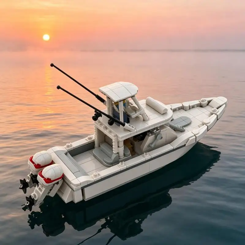 Offshore Sport Fishing Boat Luxury Ocean Yacht Model MOC Building Blocks DIY Assembly Brick Desktop Collectible