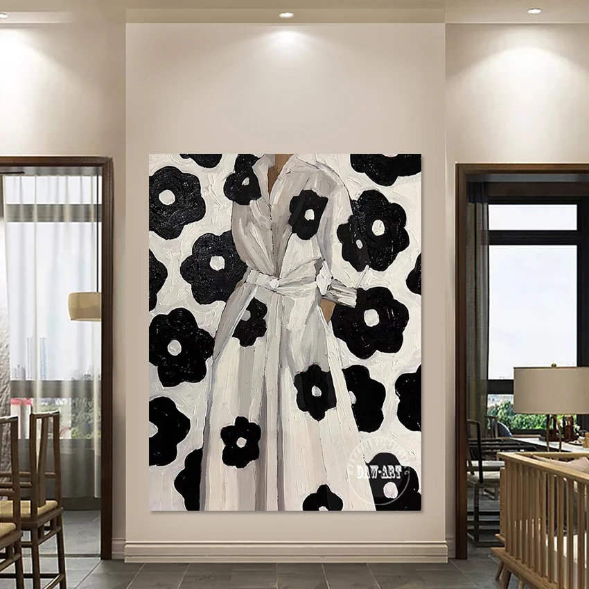 Frameless Room Design Decor, Canvas Artwork, 3d Figure Long Dress Textured Art Oil Paintings, Flowers Abstract Picture Wall