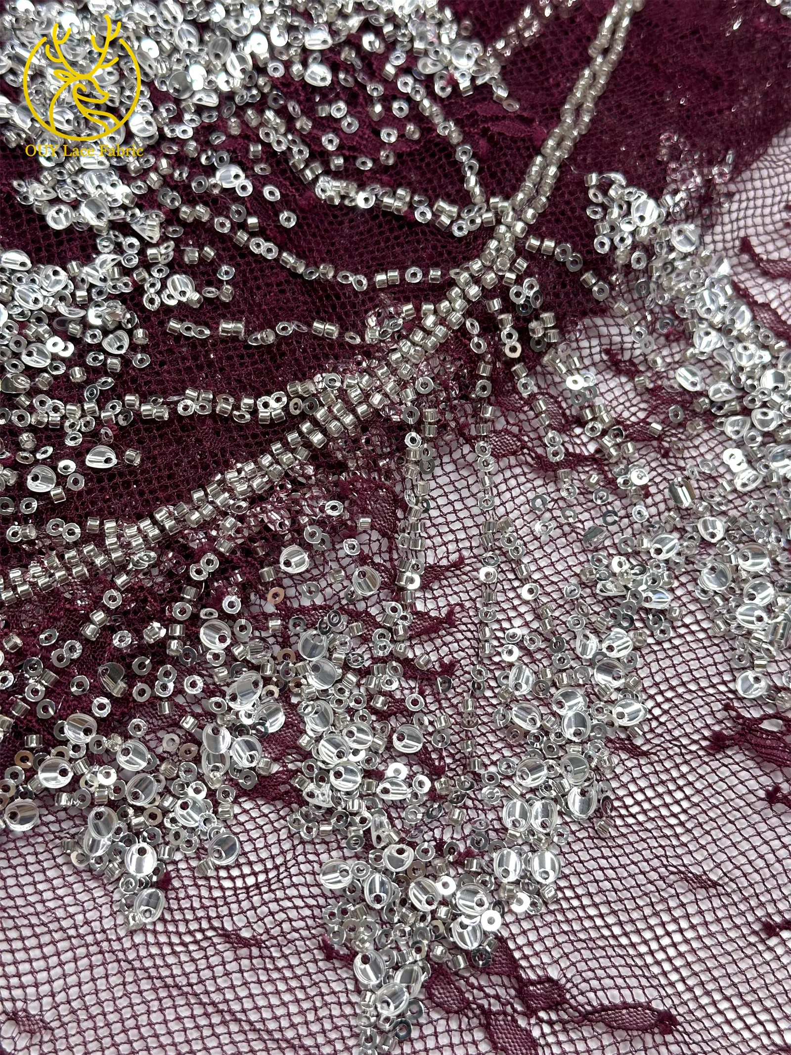Weinroter afrikanischer bestickter Perlen-Spitzenstoff, 5 Yards, französisches Blattmuster, Pailletten-Tüll-Spitzenstoff für Hochzeits- und Partykleider – Detail 24