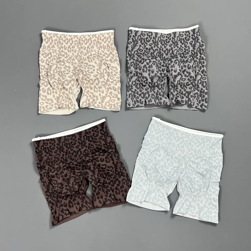 Seamless Leopard Print Fitness Shorts Women Scrunch Butt Lifting Yoga Pants Tummy Control Gym Workout Running Sports Shorts