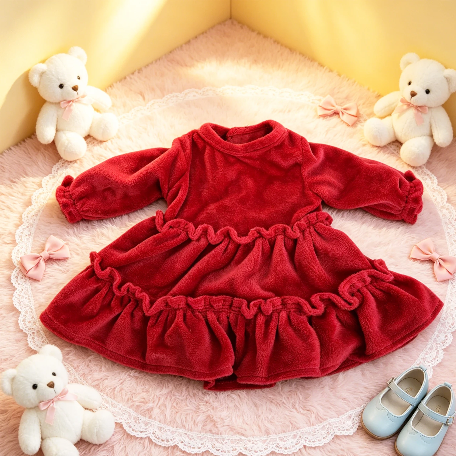 

Soft Red Fleece Doll Dress Cute Ruffled Party Outfit,for 18" Doll Holiday Gift For American & 43cm Baby Newborn,OG Girl Dolls