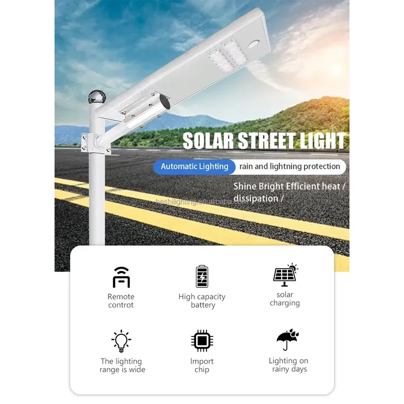 100w Powered All in One Outdoor Solar Road Lamp Garden Light 170LM/W 60*120 70*170 Degree Integrated Street Solar Light