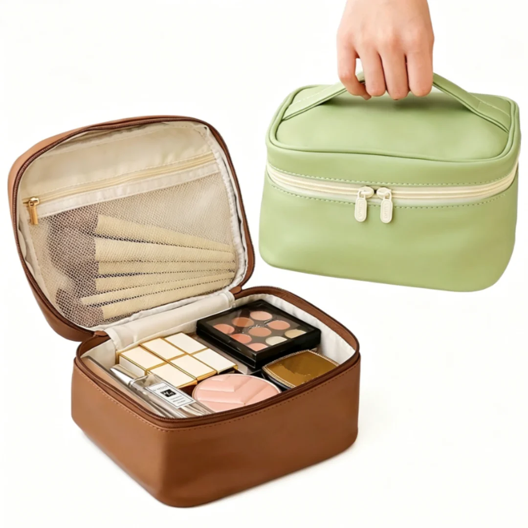 Simple Solid Color Large Capacity Portable Makeup Bag Cosmetic Travel Toiletry Storage Bag Handbag for On-the-Go