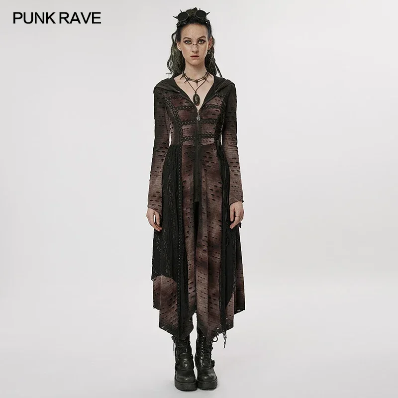 Manteau de magicien sombre en maille pour femmes, style PUNK RAVE, épissures en dentelle, gothique, personnalité mystérieuse, veste longue irrégulière, Club d'halloween