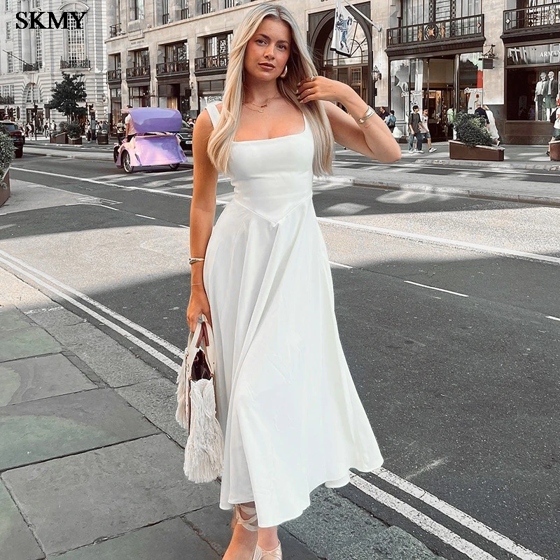 

SKMY 2024 Women's Summer New Style Elegant Camisole Backless High Waisted Long Dress White