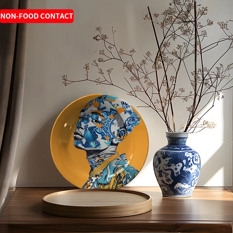1pc Bohemian Blue & Orange Ceramic Decorative Wall Plate - Hand-Painted Art Plate with Floral & Abstract Patterns, Circular
