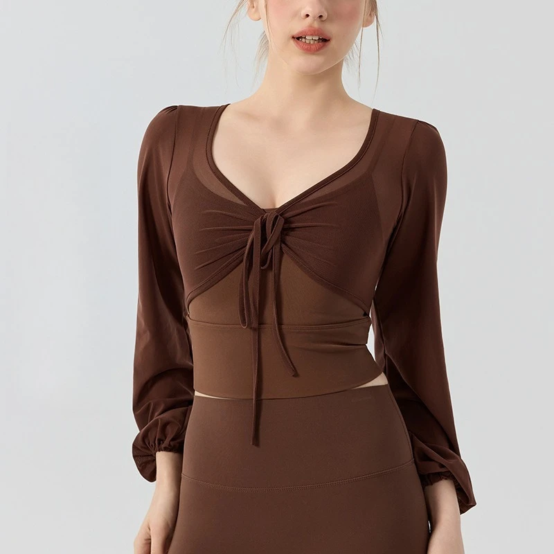 

Bow mesh long-sleeved versatile T-shirt, slim-fit pure desire wind lantern sleeves yoga Pilates