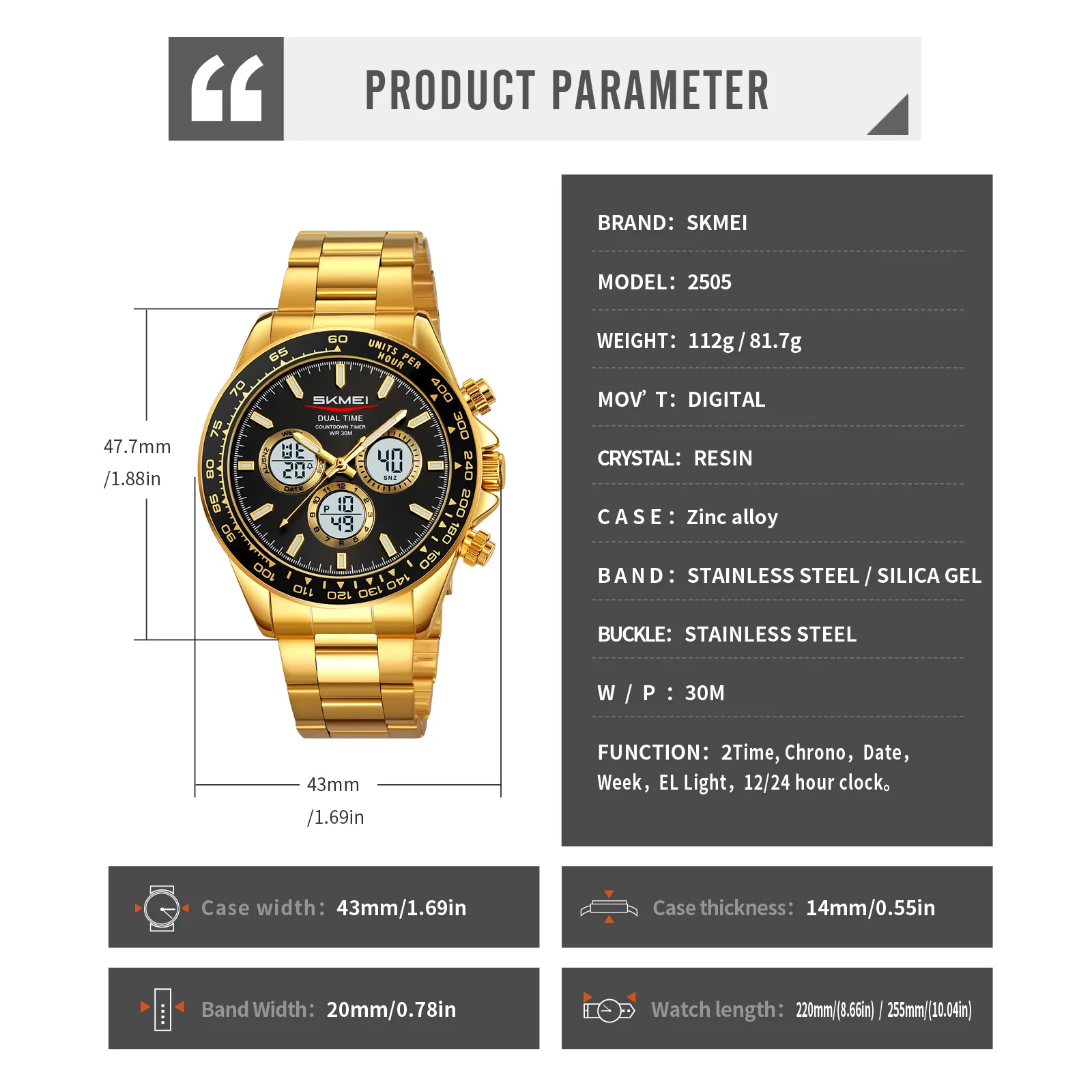 SKMEI 2505 Orologio da uomo d'affari di lusso al quarzo con doppio display elettronico Orologio da polso impermeabile da uomo d'affari in acciaio inossidabile Elite