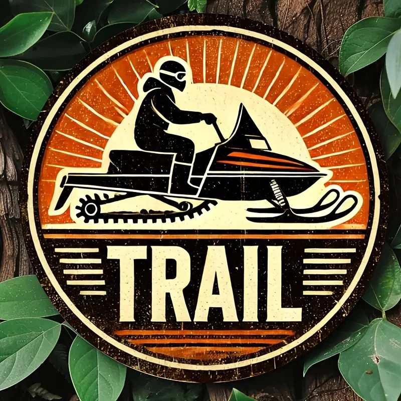 Vintage Snowmobile Trail Sign - Large Rustic Metal Wall Art, Suitable for Indoor/Outdoor Use, Durable Winter-Themed Decoration