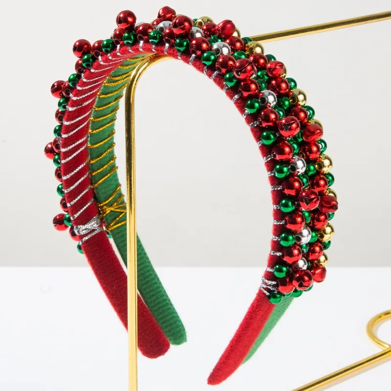 

Christmas Headband for Women with Red & Green Beads Festive Golden Bells-Hand Christmas Decorations Party Accessory Hairband