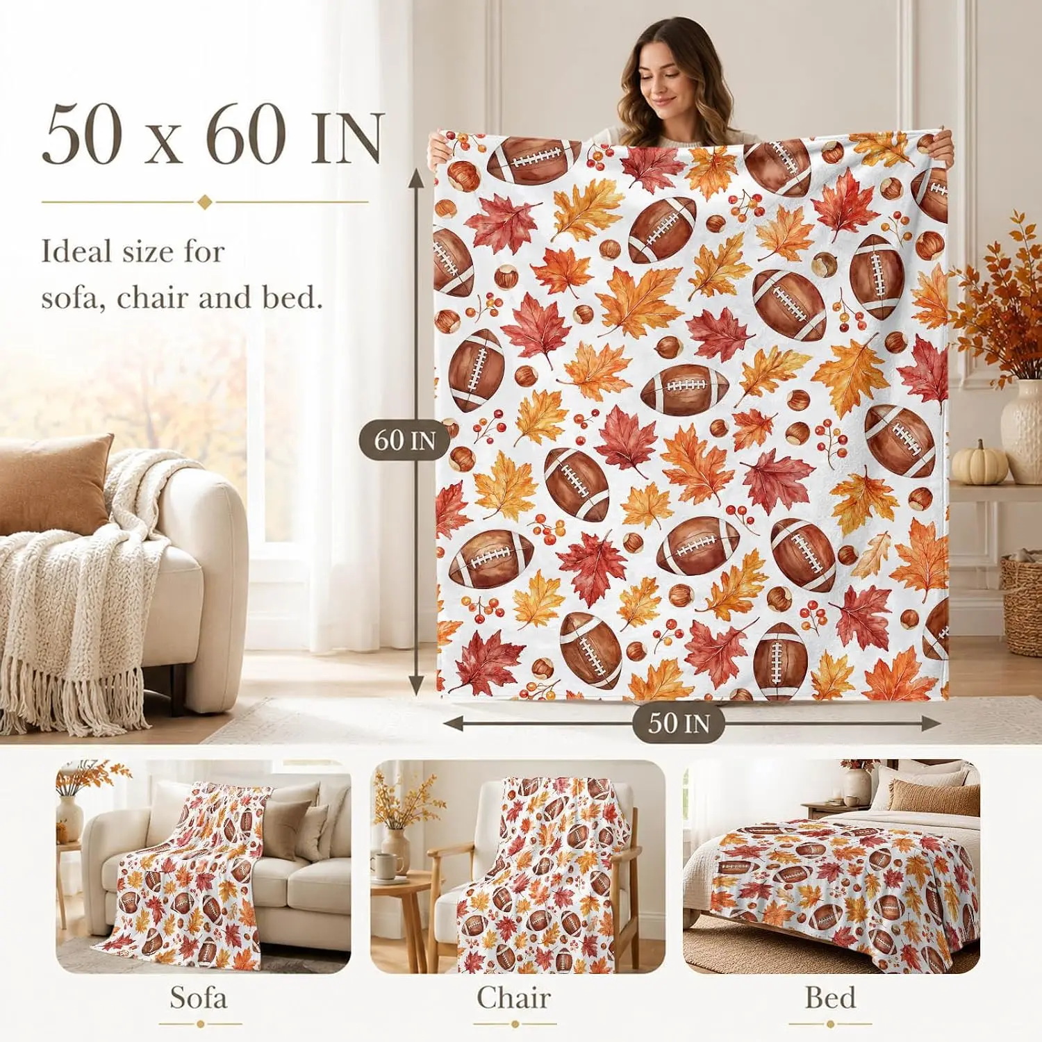 Accnicc Burnt Orange Fall Football Maple Leaf Throw Blanket 50 x 60 Inch