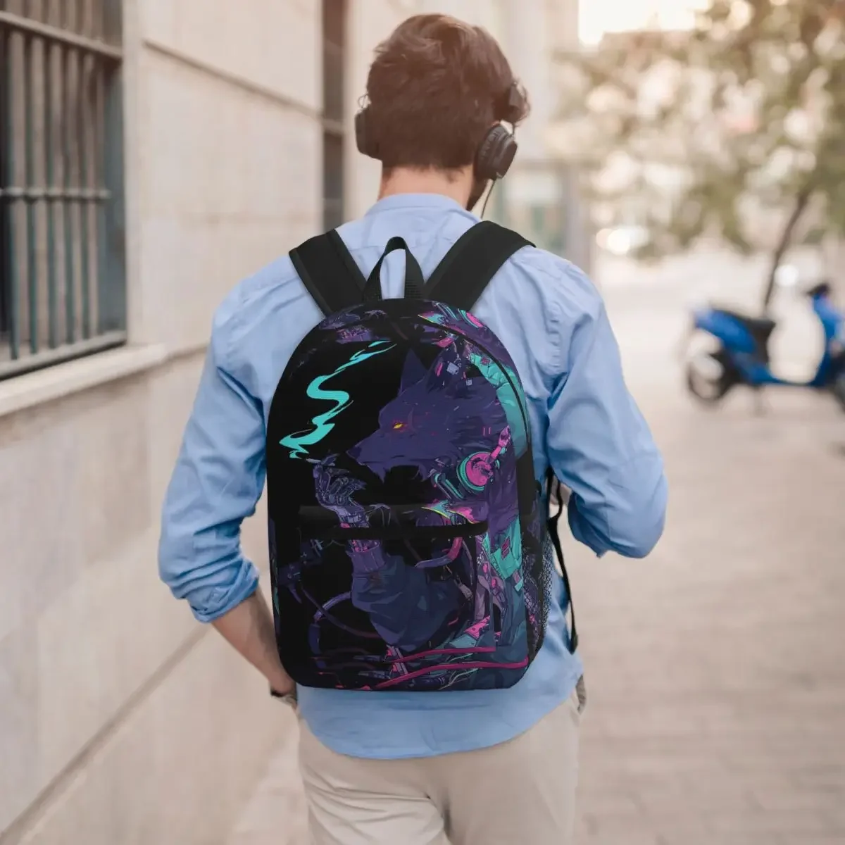 Neon Graffiti Wolf With Headphone Backpack Student BookBag Kids School Bag Laptop Shoulder Bags for Men Women