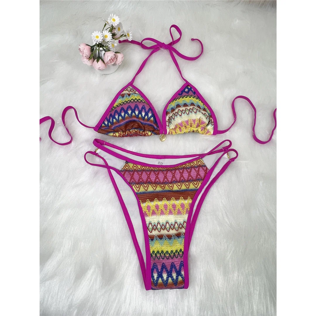 S - XL Bedruckter Neckholder-Bikini mit hohem Beinausschnitt, zweiteiliger Bikini-Set für Damen, Badeanzug, Badebekleidung, Badeanzug, Schwimmanzug V7307 – Detail 14