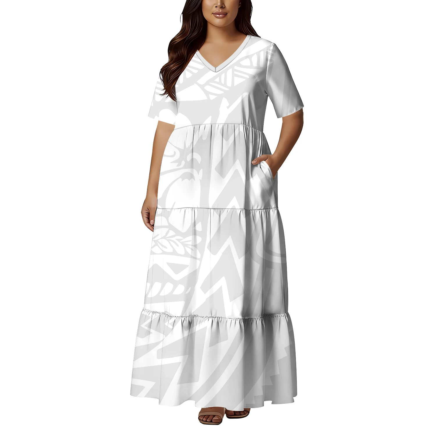 Pocket Design Summer Women'S Polynesian Tribal Design Casual V-Neck Short-Sleeved Loose Dress Fiji Island Party Festival Dress