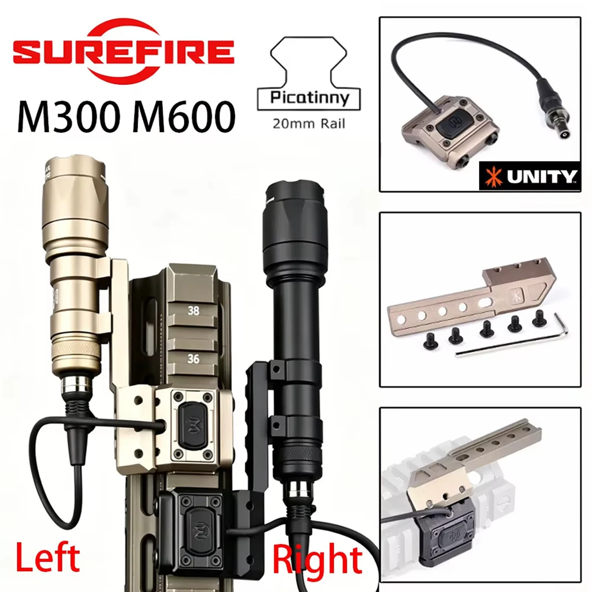 SF Tactical Flashlight M300 M600 otButton Remote Switch UNITY Left Right Offset Mount Fit 20MM Rail Airsoft Scout Light