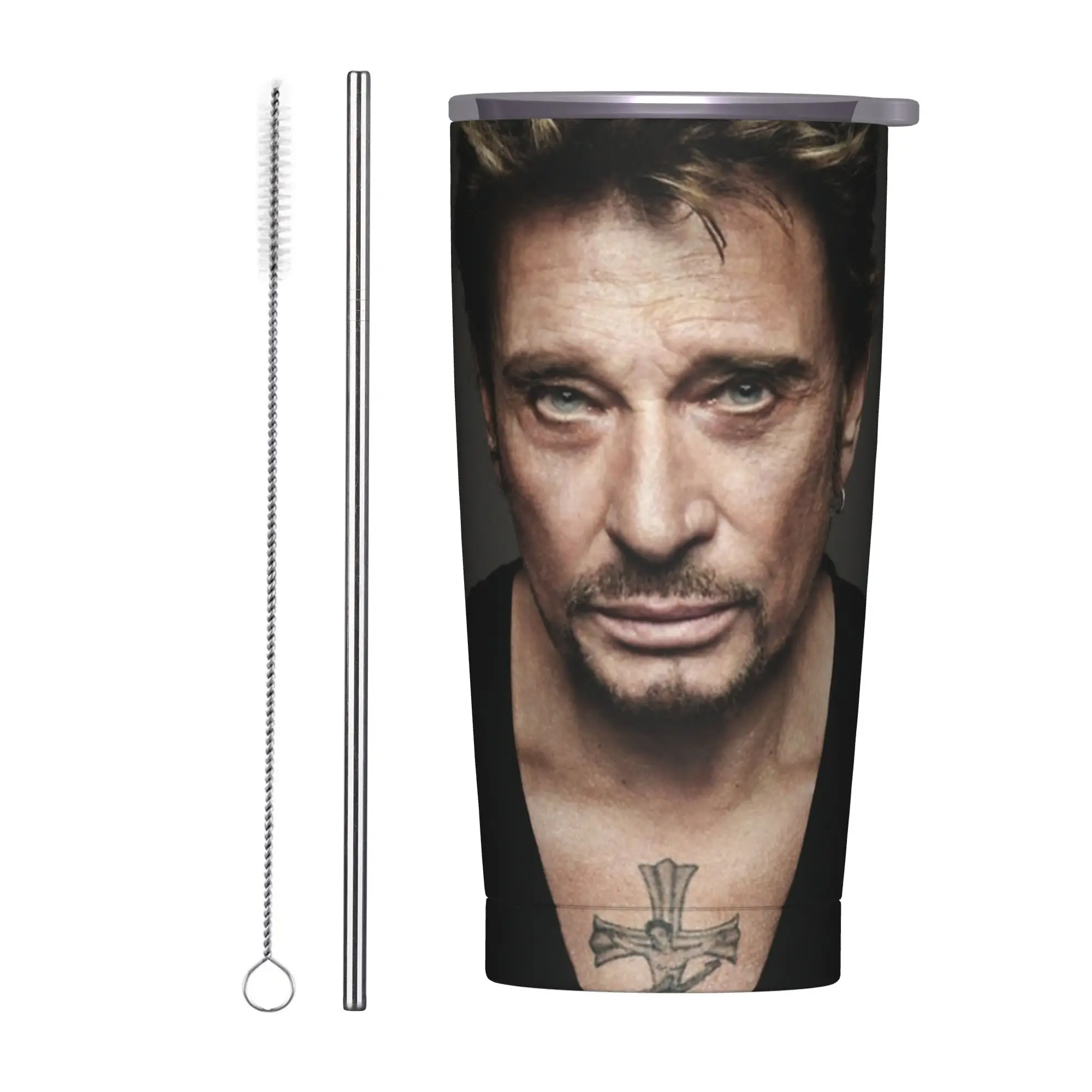 Johnny Hallyday Insulated Tumbler with Lid Rock Music French Singer Vacuum Coffee Mugs Outdoor Travel Bottle Cups, 20oz