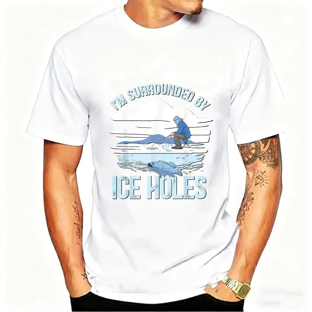 I'm Surrounded By Ice Holes Funny Ice Fishing T-Shirt Men Scene Graphic Tee Short Sleeve Crew Neck Folding Chair Fisherman Gift