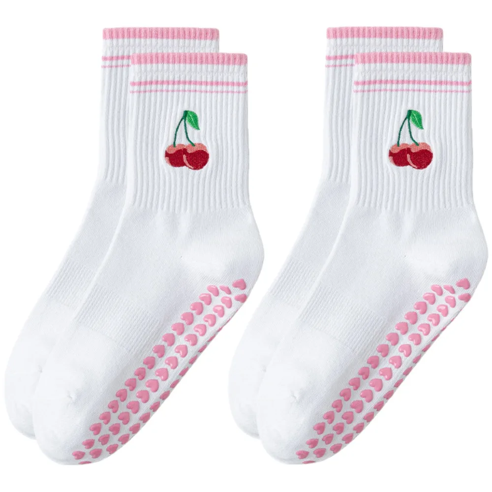 

2pairs Heart Silicone Sock Sole Women Yoga Socks Cherry Pattern Embroidery Pilates Socks Cotton Sweet Non-Slip Socks Female