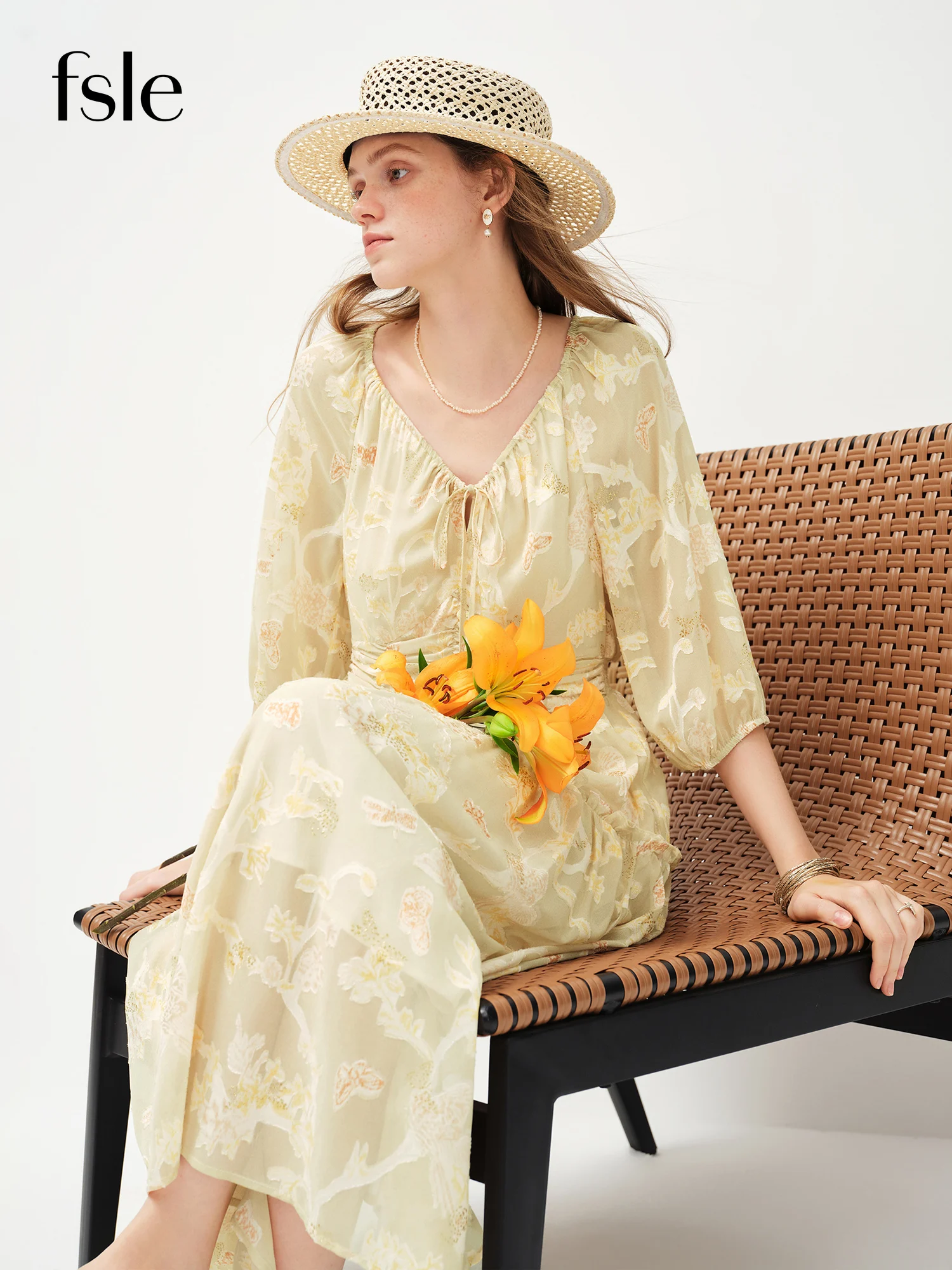 FSLE 2026 Spring Women's Ethereal Textured Floral Embroidered Dress - Lily of the Valley Inspired Mid-Length Midi for Spring