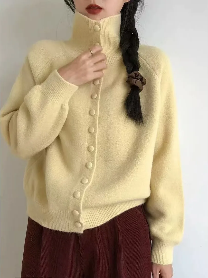 

Korean Sle Soft Fufu Knitted Sweater Women's Spring Season Long Sve Button up Stand Collar Base Layer irt