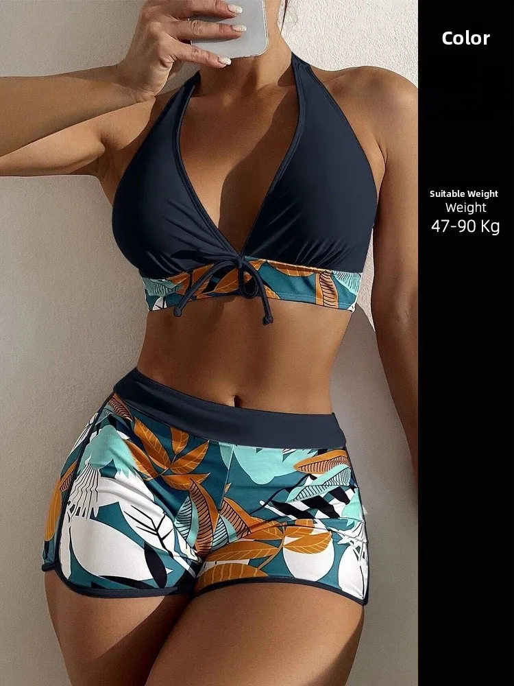 

Sexy Large Size Bikini V-Ne Separate Flat Angle Pants Gathered Chest Pad Polyester Spandex Women's Swimming Suit plus Size